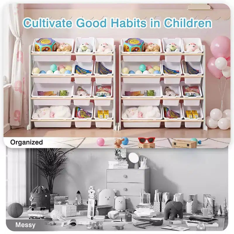 VECELO Kinder-Bücherregal mit Spielzeugaufbewahrung und 12 Körben, Spielzeugregal aus Holz für Kleinkinder, geräumige Spielzimmeraufbewahrung für Bücher oder Spielzeug