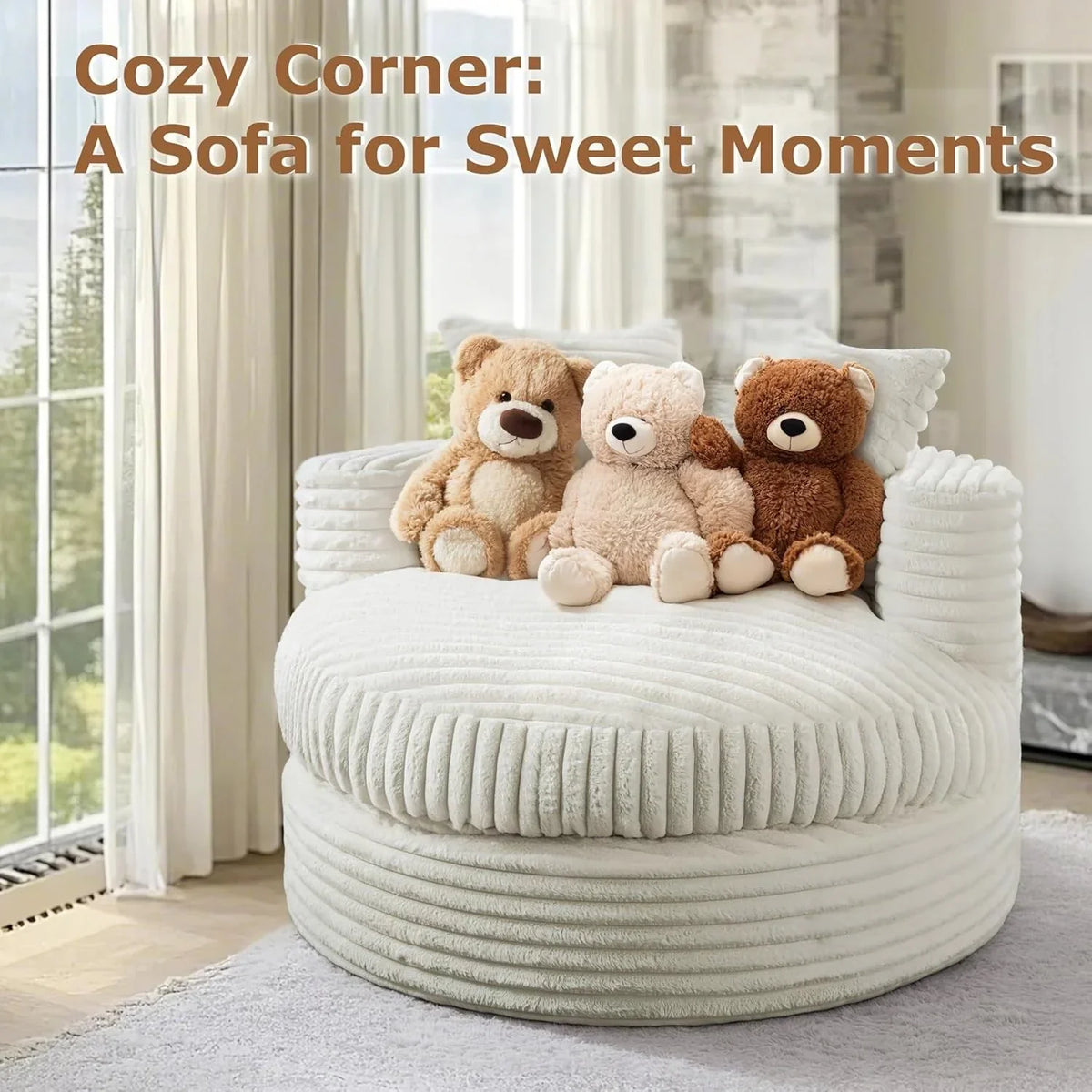 WOWMAX 47-Zoll runder Chaiselongue-Sessel für den Innenbereich, gepolstertes Bodensofa aus Cord mit extrabreiter Liegefläche und 2 Zierkissen