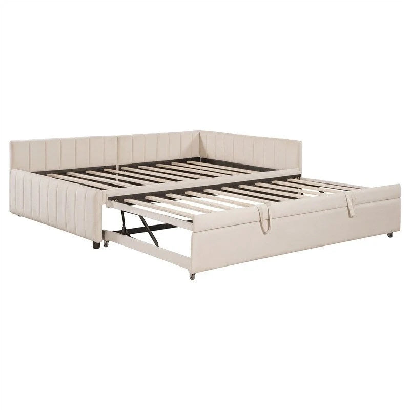 Gepolstertes Daybed mit Twin-Size-Pop-up-Schlafsofa, Full-Size-Daybed-Rahmen, Sofa mit L-förmiger Rückenlehne und gestreiftem Design