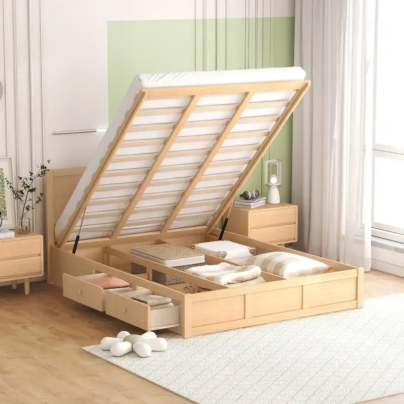 Holz-Plattformbett mit Stauraum und 2 Schubladen