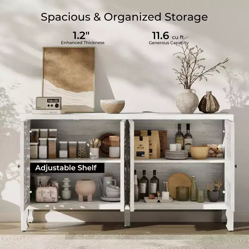 Buffetschrank mit Stauraum, rustikaler Aufbewahrungsschrank mit 4 geschnitzten Türen und verstellbarem Einlegeboden, Sideboard aus Holz als Akzentmöbel