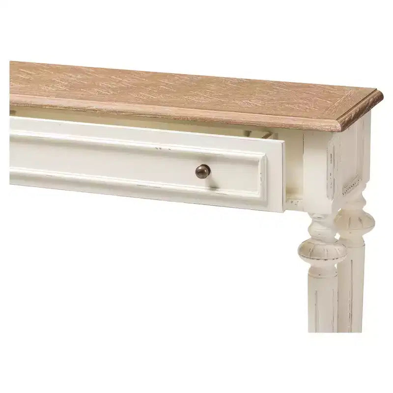 Marquetterie-Konsolentisch im französischen Landhausstil aus verwitterter Eiche und Used-Look-Holz – Weiß – Baxton Studio: Vintage, geschnitzte Beine