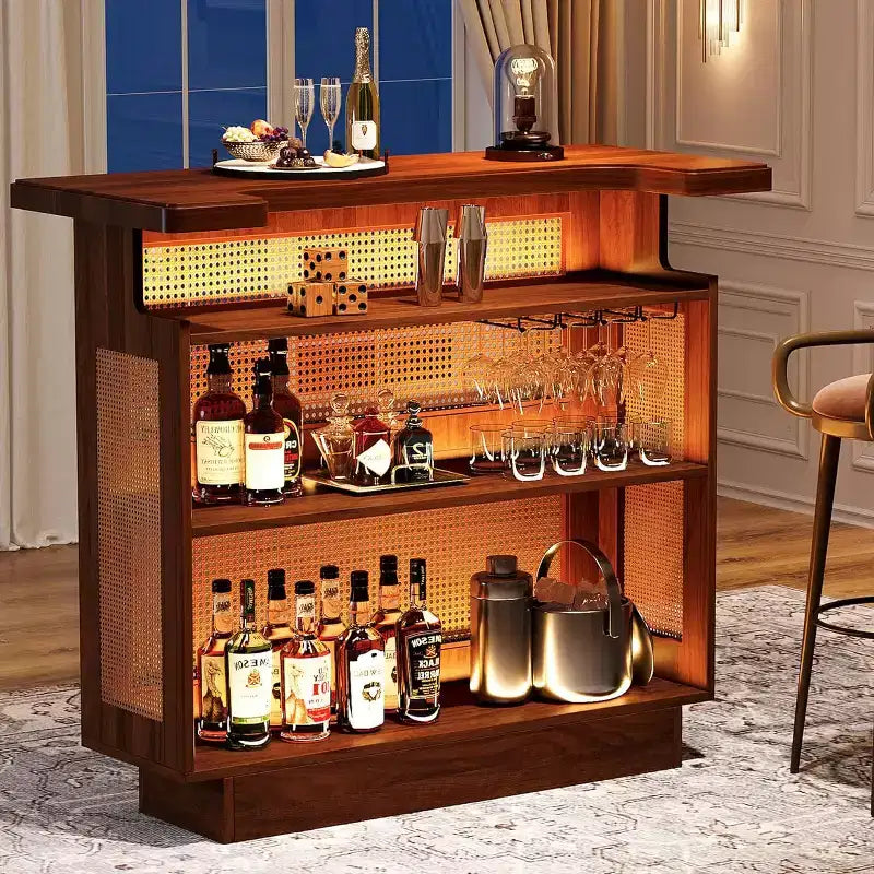 Rattan-Heimbar, 4-stufiger Barwagen im Landhausstil mit 4 Weinglashaltern, Karamellbraun