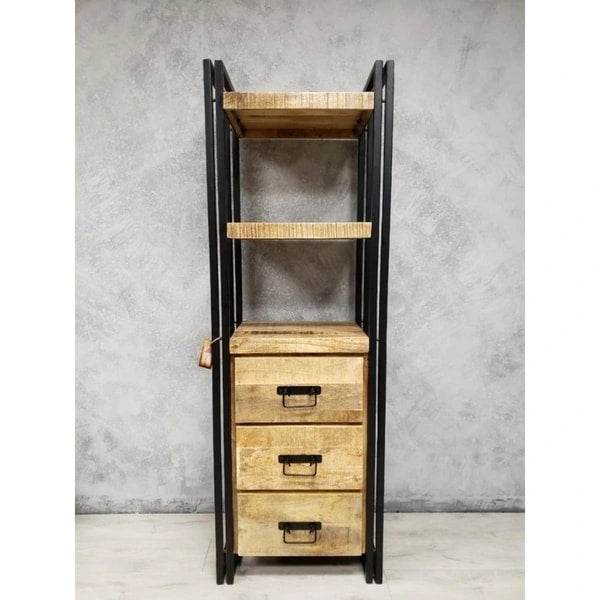 Handgefertigtes hohes Regal aus Mangoholz mit Holzschubladen (Indien) - 180,3 H x 60,3 B x 40 T cm