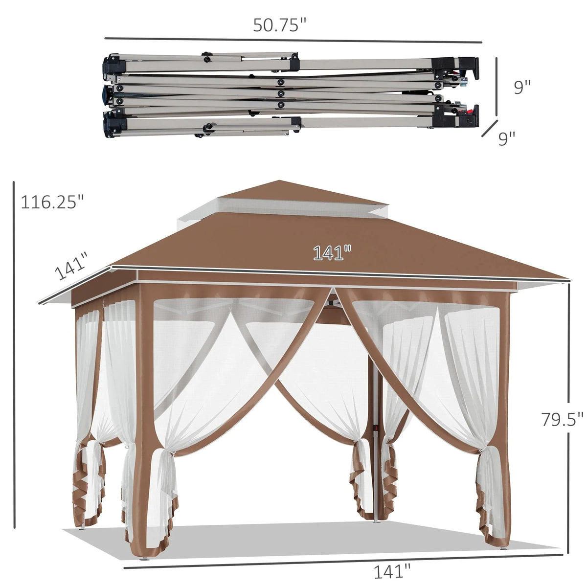 Outsunny 3,6 x 3,6 m Faltpavillon mit Moskitonetz, höhenverstellbar in 3 Stufen
