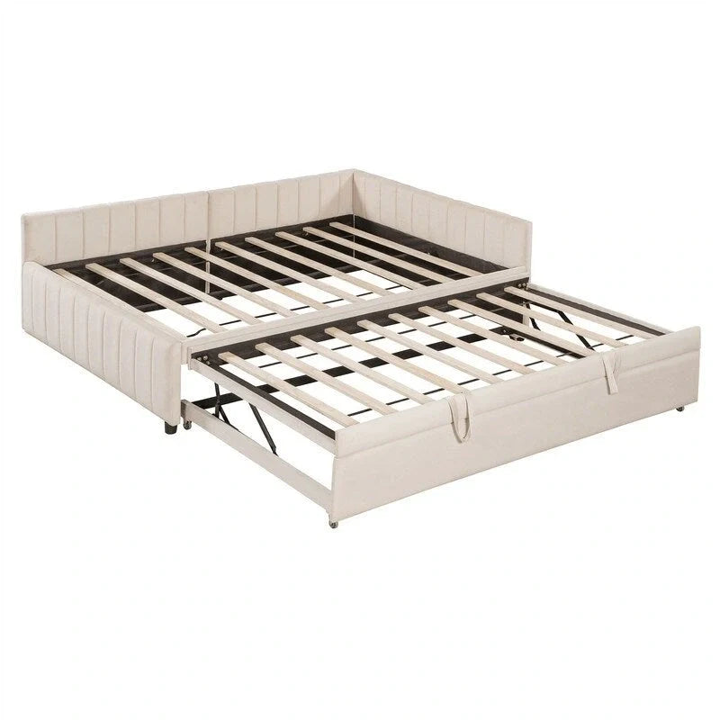 Gepolstertes Daybed mit Twin-Size-Pop-up-Schlafsofa, Full-Size-Daybed-Rahmen, Sofa mit L-förmiger Rückenlehne und gestreiftem Design