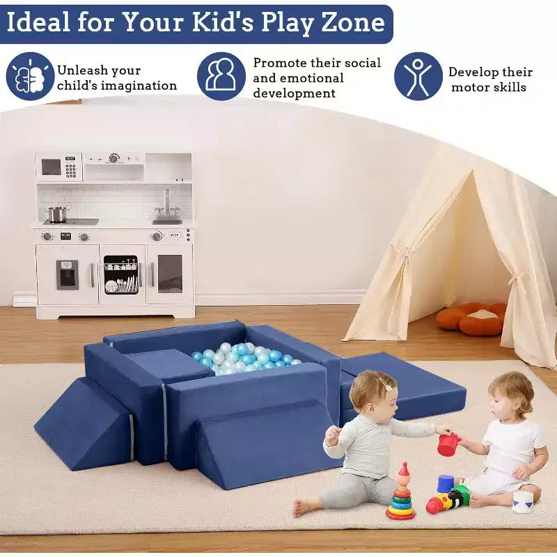 Indoor-Klettersofa, 12-teilige modulare Spielcouch mit quadratischem Bällebad & Kletterrampe, Kissen-Spielset