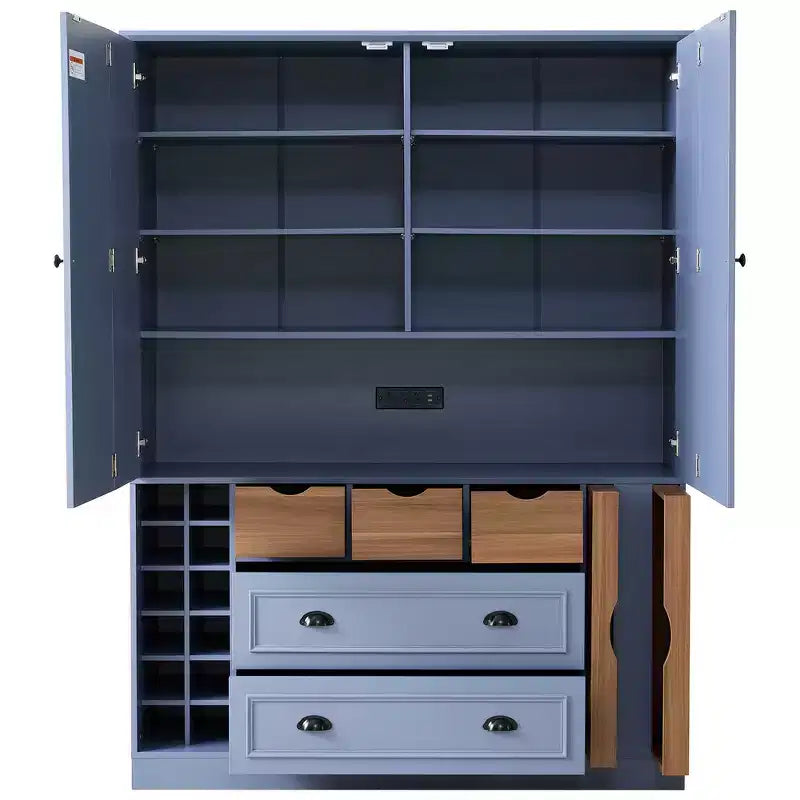 Whisen 71 Zoll hoher freistehender Küchenschrank, großer Vorratsschrank für das Esszimmer, Anrichte mit 4 Falttüren, Regalen und Weinregalen