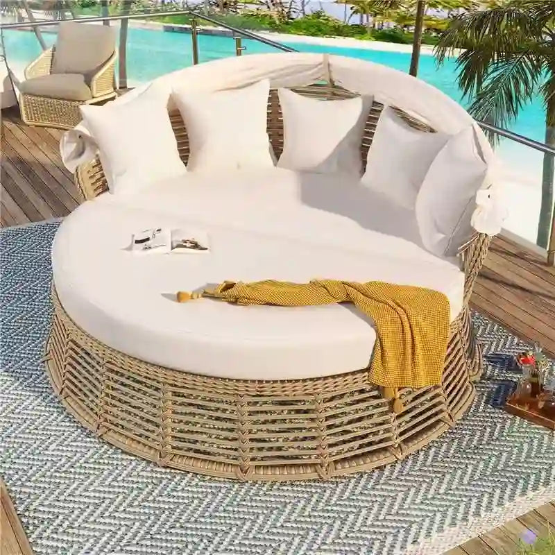 Rundes Outdoor-Rattan-Tagesbett mit Sonnendach und abnehmbaren Kissen