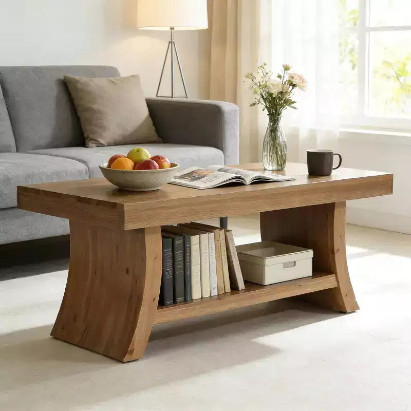 Lantine 119,9 cm Landhaus-Couchtisch mit Ablagefach, Mid-Century moderner Massivholz-Wohnzimmertisch mit geschwungenem Gestell, Walnuss