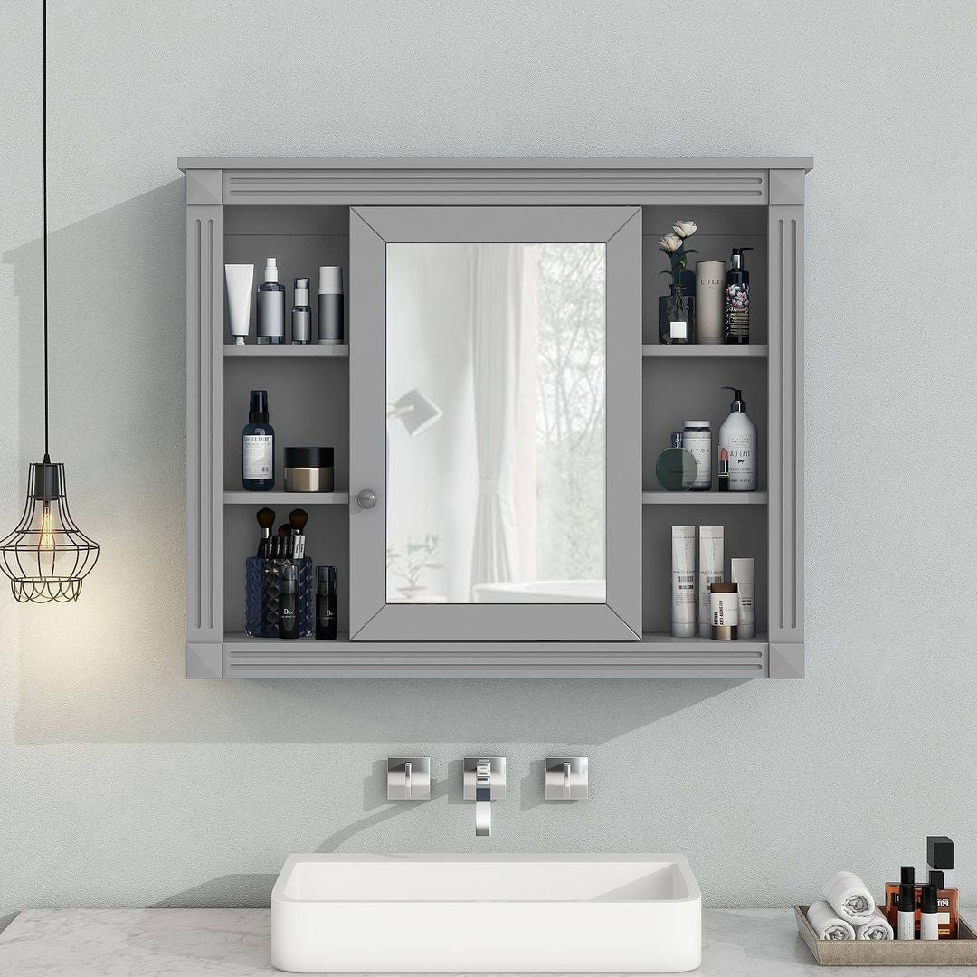 36" Moderner Badezimmer-Waschtisch mit Aufsatzwaschbecken und Spiegelschrank, 2 Türen und 2 Schubladen