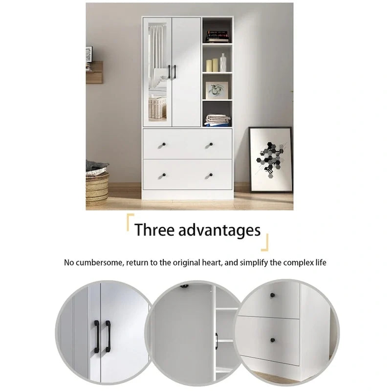 Kleiderschrank mit Spiegel, verstellbarer Kleiderstange und platzsparendem Design