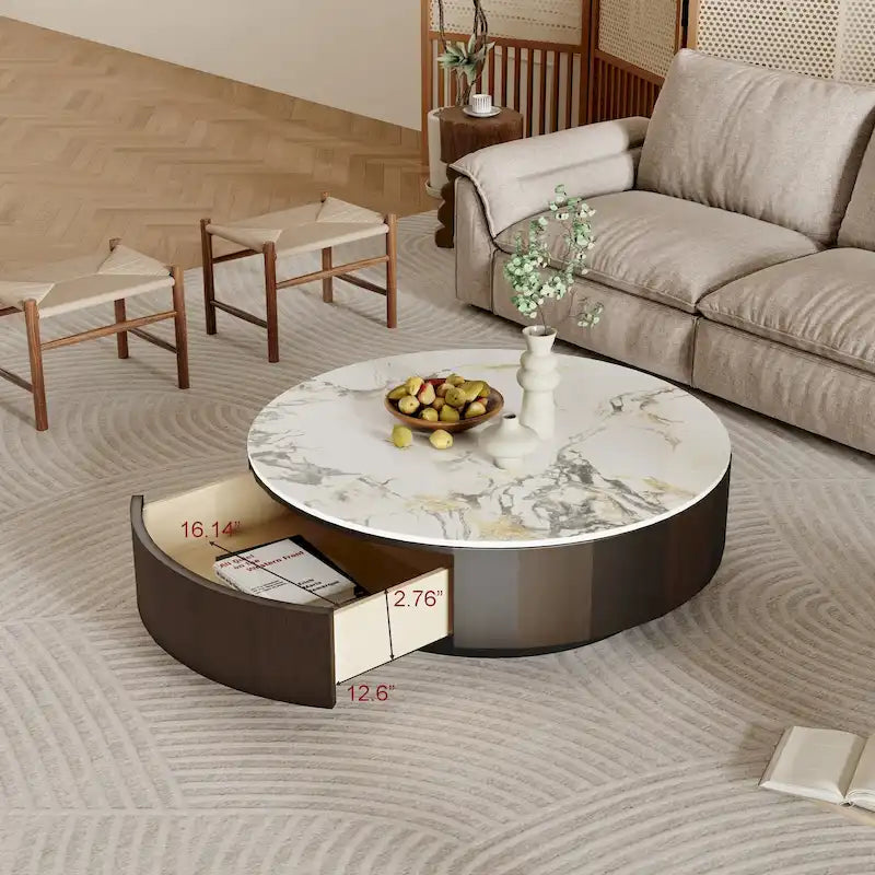 35 Moderner runder Couchtisch in Marmoroptik, Tischplatte aus weißem, glänzendem Sinterstein, Mid-Century-Tisch mit Massivholzschublade