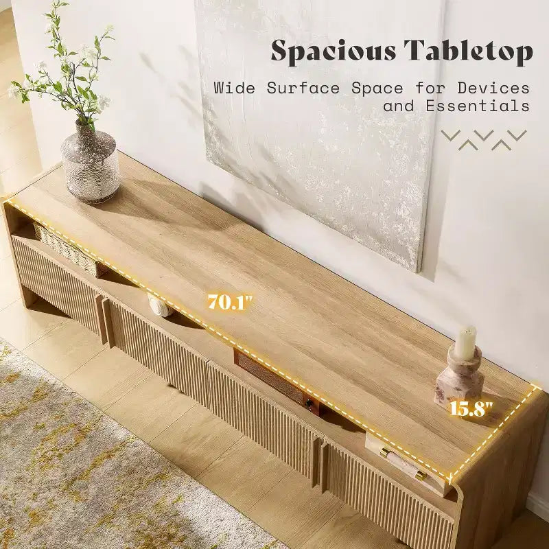 AMERLIFE 70" Modernes TV-Lowboard mit geriffeltem Design & Staufächern, für Fernseher bis 80", Holz-Mediakonsole für das Wohnzimmer