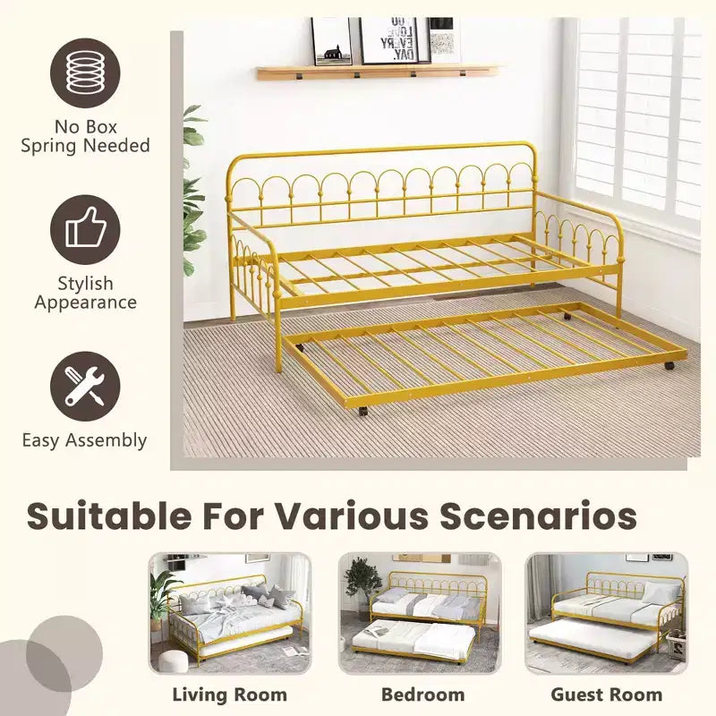Costway Metall-Tagesbett in Einzelgröße mit ausziehbarem Unterbett, platzloses Schlafsofa, feststellbare Rollen, Gold