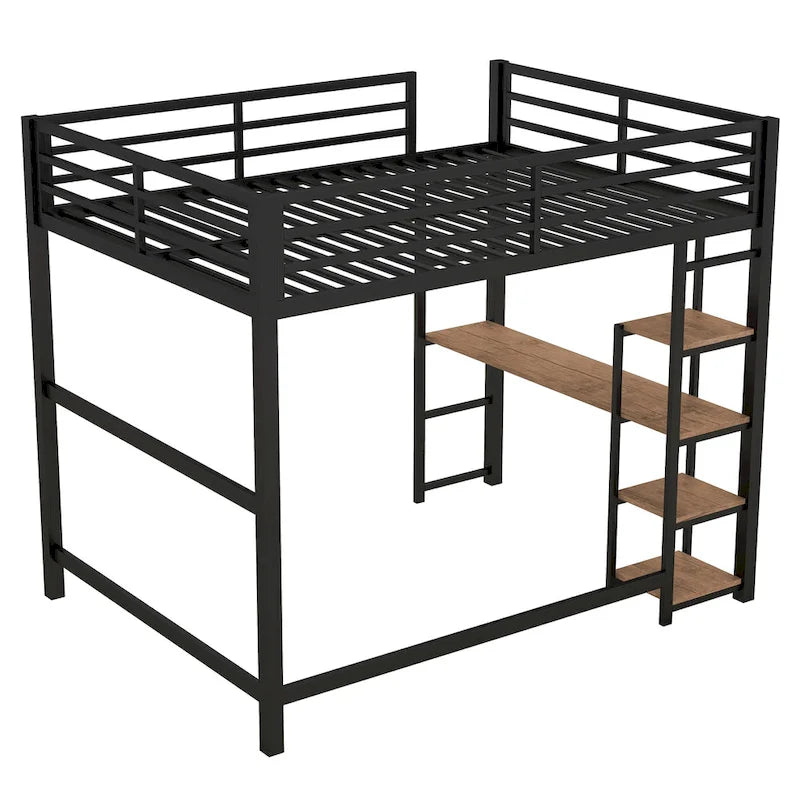 Full-Size-Hochbett aus Metall mit integriertem Schreibtisch und Ablagefächern