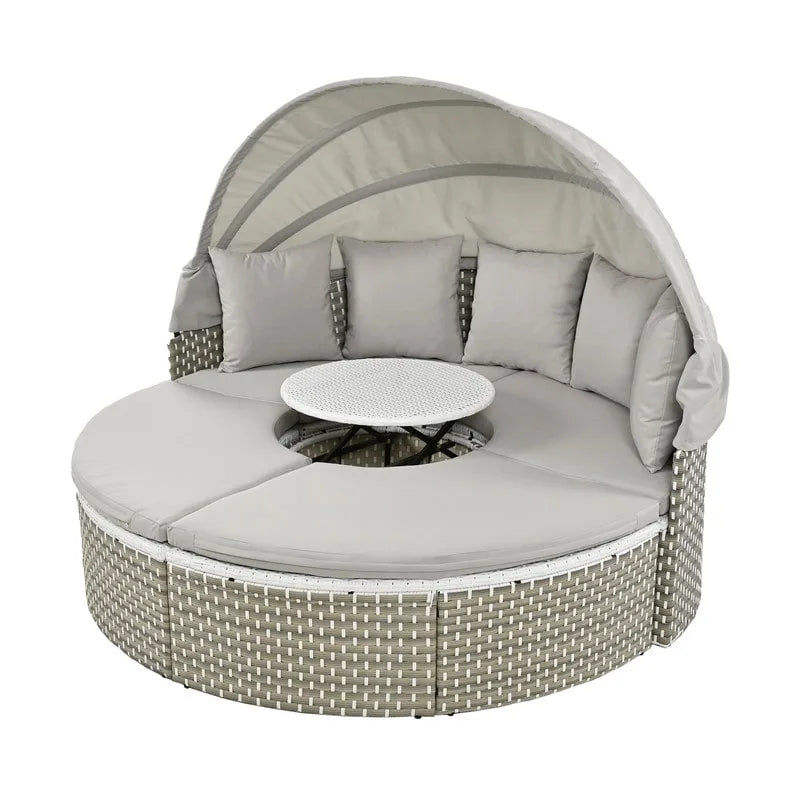 Rundes Outdoor-Tagesbett, zweifarbiges Flecht-Sonnenbett mit versenkbarem Dach