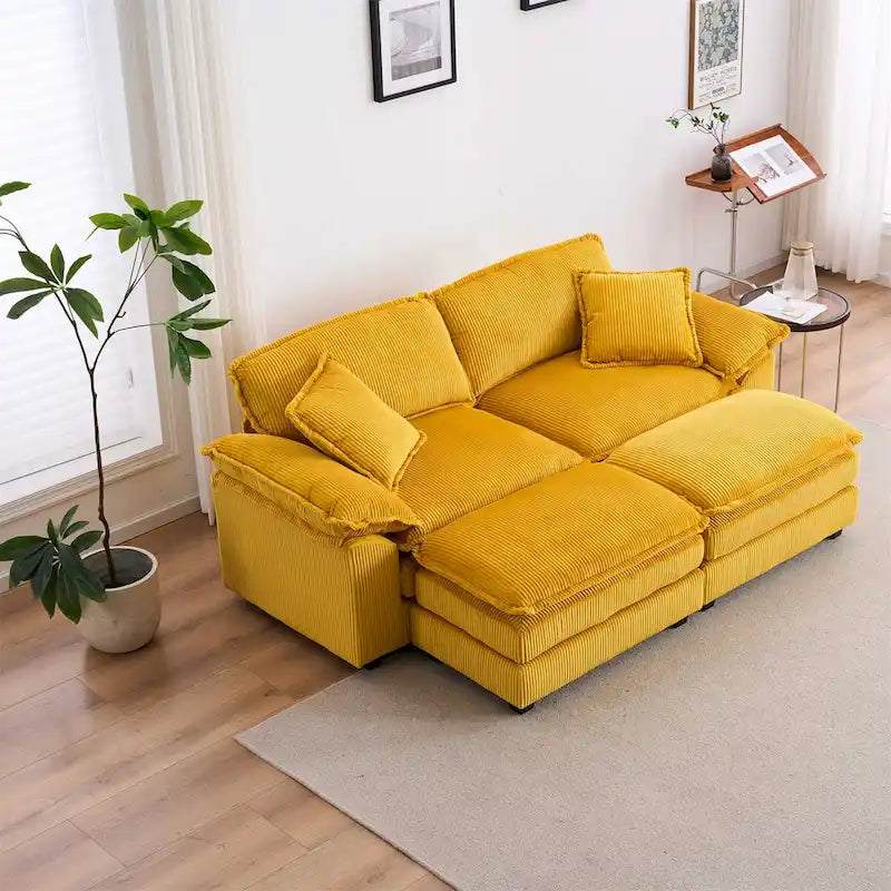 Modernes 2-Sitzer-Sofa aus Cord mit 4 Stützkissen und 2 Hockern