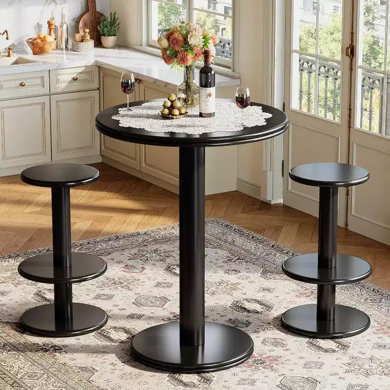Lantine 100 cm hoher runder Bartisch mit 2 Barhockern, moderner Bistro-Stehtisch in Schwarz für Küche, Wohnzimmer, Apartment