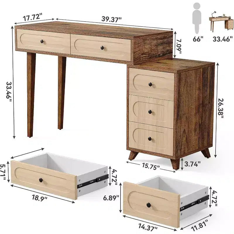 Lantine-Schreibtisch, 99 cm, mit 5 Schubladen und ausziehbarem Schrank, kleiner ausziehbarer Computer- und Schminktisch für kleine Räume, Braun