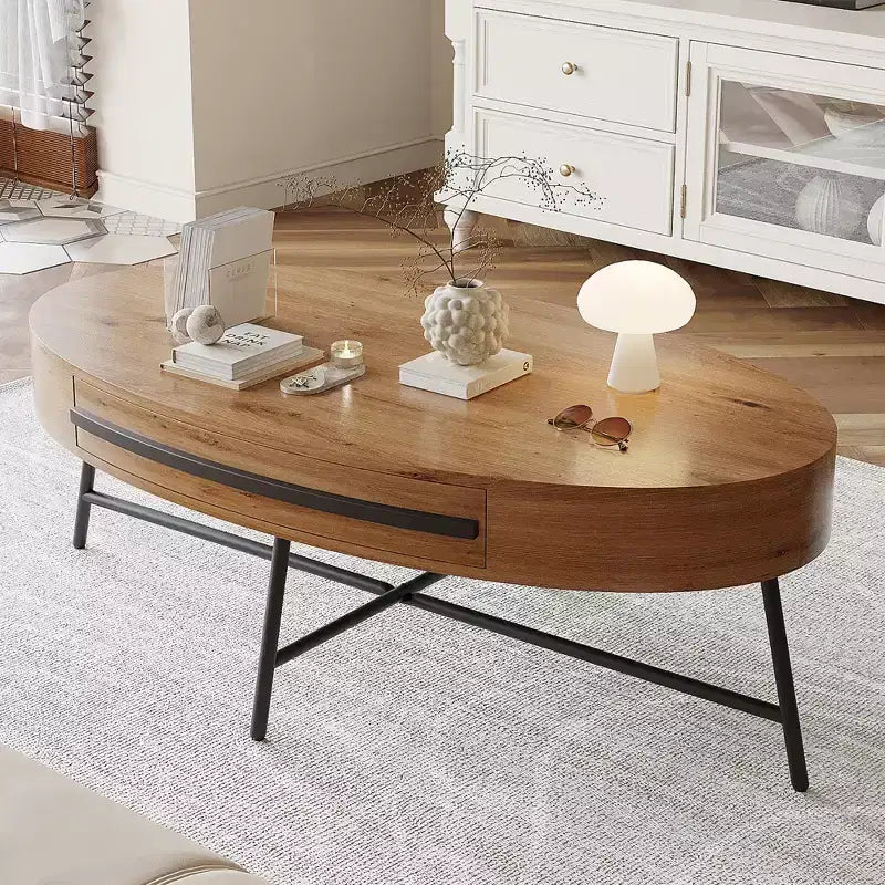 Ovaler Couchtisch mit Schublade, Mid-Century Modern Wohnzimmertisch 120 cm, Holztisch mit Stauraum und gekreuzten Metallbeinen, geschwungenes Design