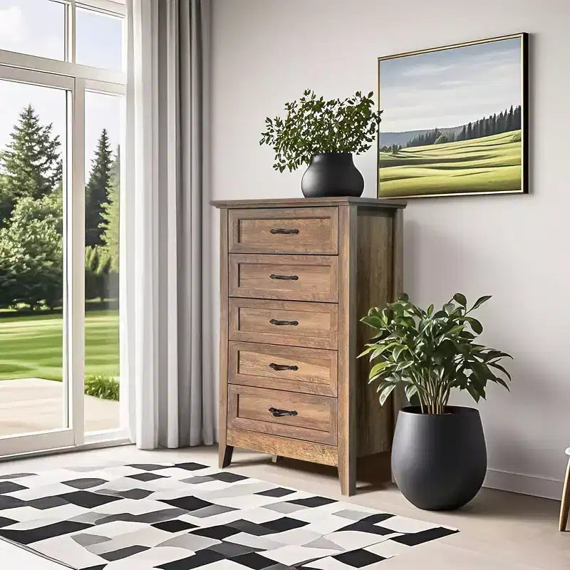 Kommode im Landhausstil, rustikale Holzkommode mit 5 Schubladen für den Kleiderschrank, hoher Schubladenschrank mit Metallgriffen