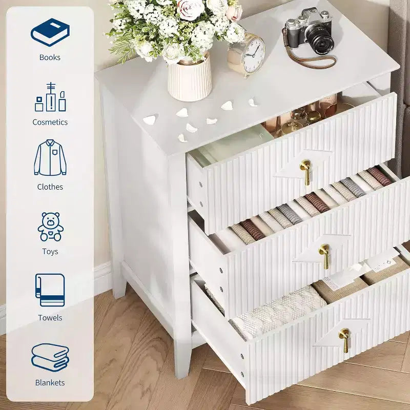 2 Stück geriffelte Holz-Nachttische, 27,5 breit, 3-Schubladen-Kommoden-Set, moderne Beistelltische, Schubladenschrank für Schlafzimmer und Wohnzimmer