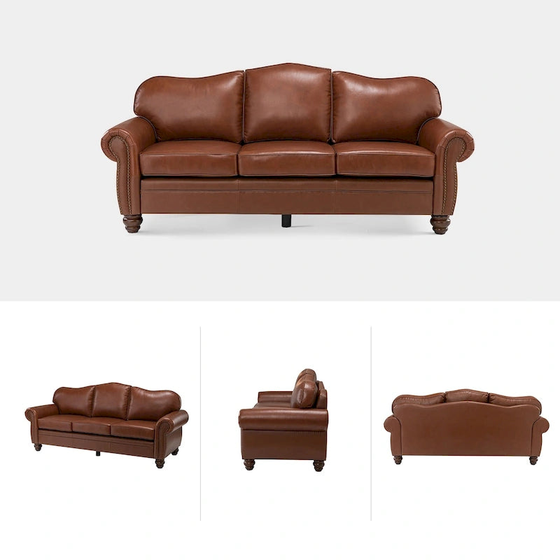 Balvino 81 Zoll breites Übergangs-Sofa aus echtem Leder mit Rollarmlehnen, Nagelkopfbeschlägen und abnehmbaren Kissen