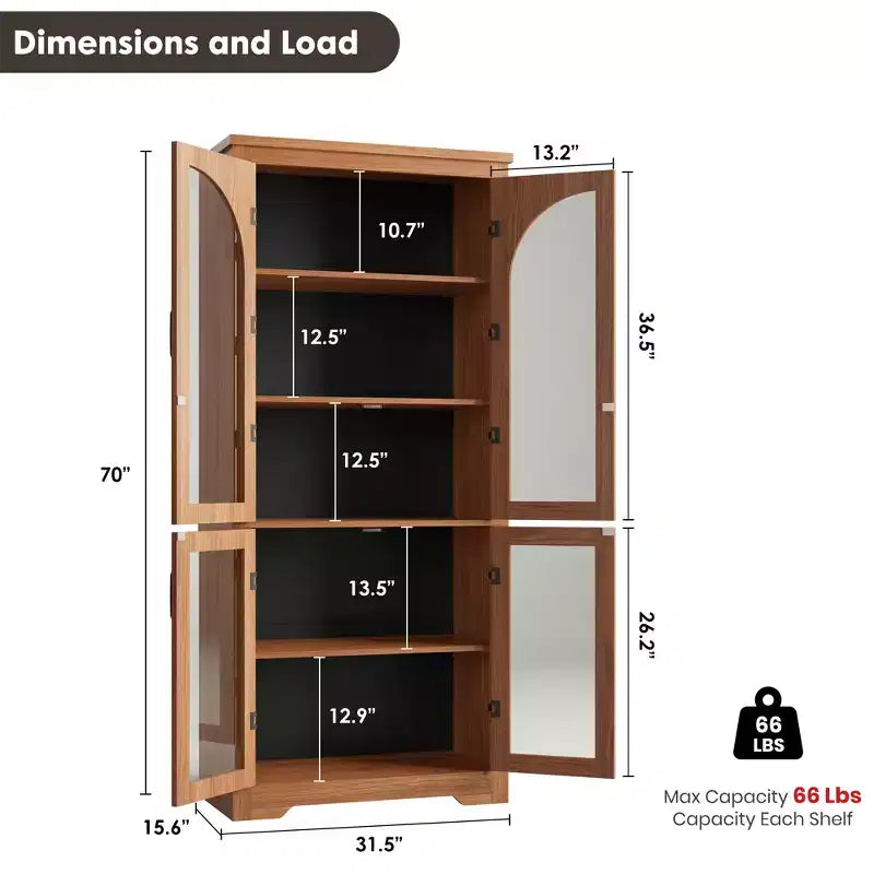 178 cm hoher Küchenschrank, moderner Vitrinenschrank mit 4 gewölbten Glastüren und verstellbaren Einlegeböden, für Küche, Wohnzimmer, Esszimmer, Badezimmer