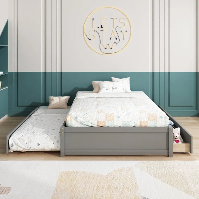 Doppelbett mit Einzelbett-Schiebebett und zwei Schubladen
