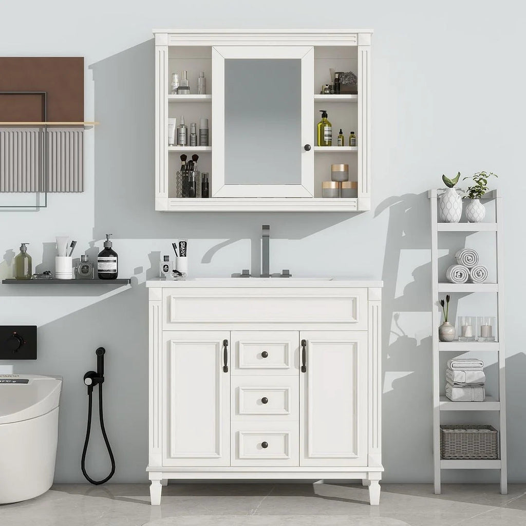 36" Moderner Badezimmer-Waschtisch mit Aufsatzwaschbecken und Spiegelschrank, 2 Türen und 2 Schubladen