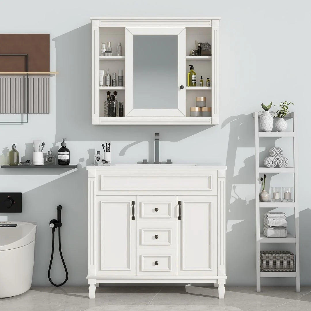 36" Moderner Badezimmer-Waschtisch mit Aufsatzwaschbecken und Spiegelschrank, 2 Türen und 2 Schubladen