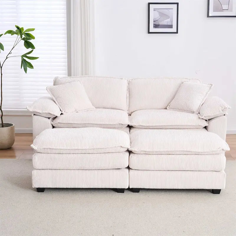 Modernes 2-Sitzer-Sofa aus Cord mit 4 Stützkissen und 2 Hockern