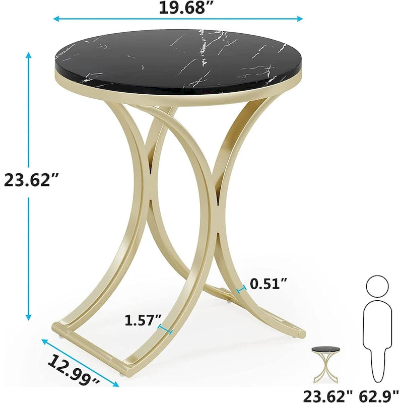 Kleiner, moderner runder Beistelltisch, Couchtisch, Nachttisch mit goldfarbenem Metallgestell und Kunstmarmor-Furnier aus Holzwerkstoff für das Wohnzimmer