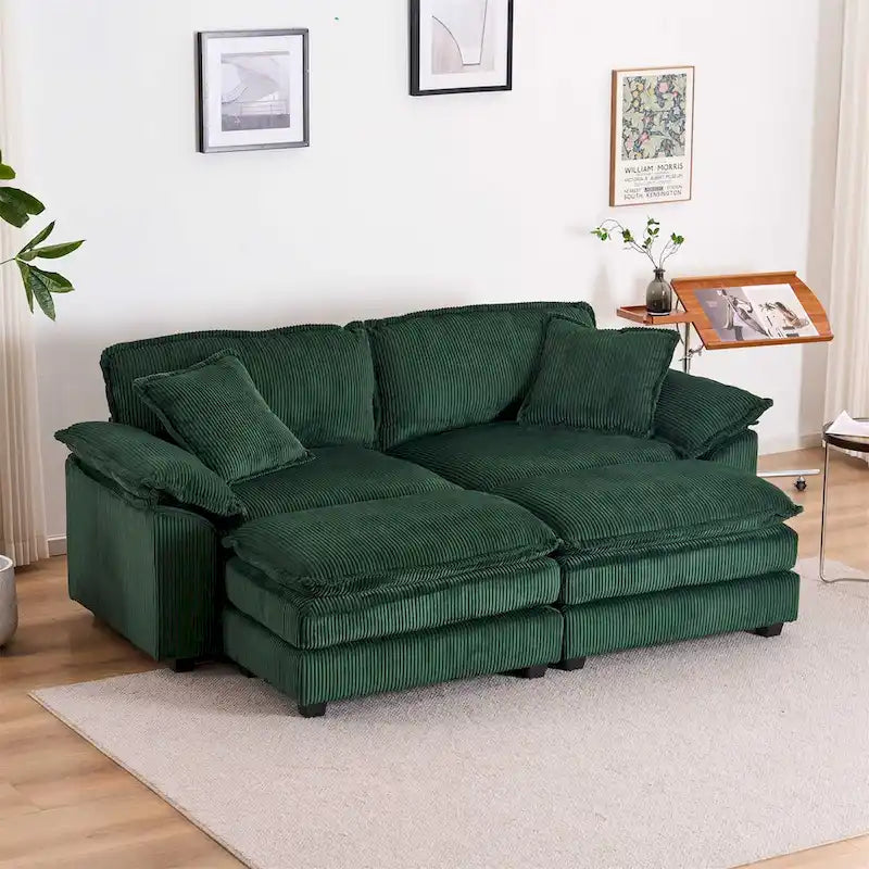 Modernes 2-Sitzer-Sofa aus Cord mit 4 Stützkissen und 2 Hockern