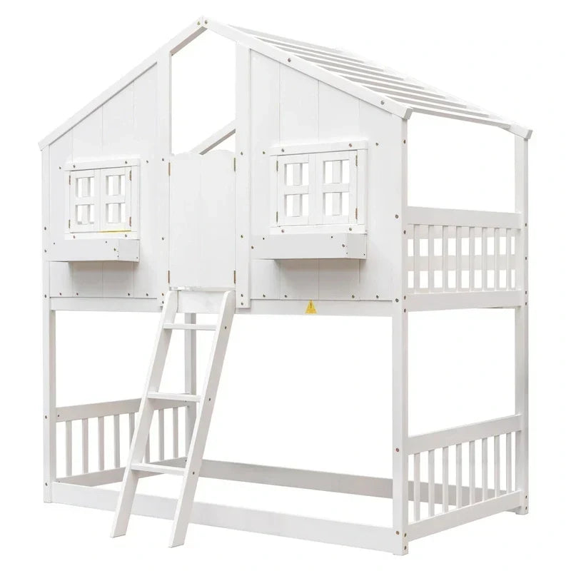 Etagenbett „Haus“ für zwei, mit Dach, Fenster, Blumenkasten und Tür, inklusive Sicherheitsgeländern und Leiter, Grau
