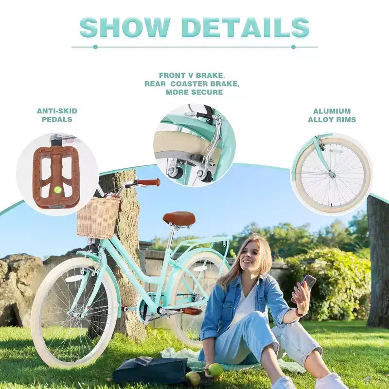 NAYSAYE 24 Zoll Mädchen-Cruiser-Fahrrad, Speed-Hybrid-Citybike für Jugendliche von 7-10+ Jahren mit Weidenkorb & Gepäckträger, Kinderfahrrad