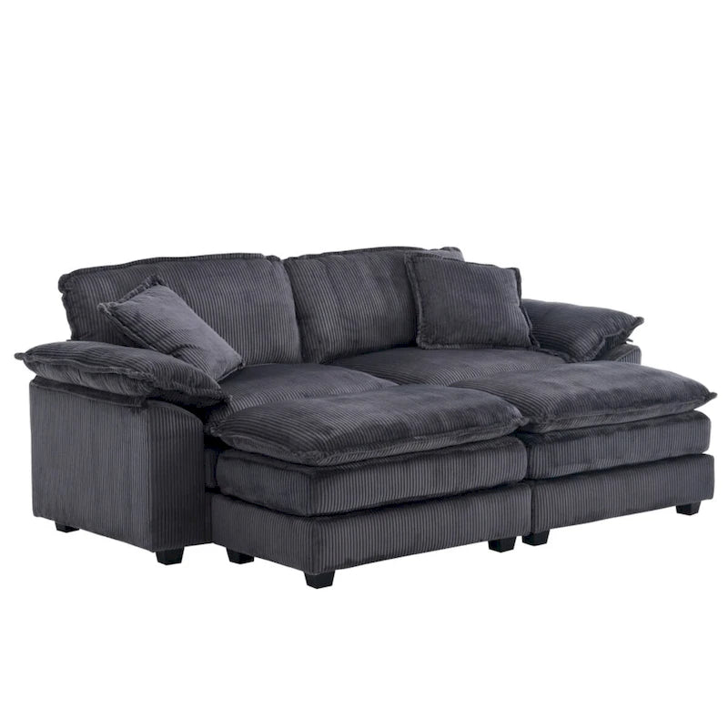 Modernes 2-Sitzer-Sofa aus Cord mit 4 Stützkissen und 2 Hockern