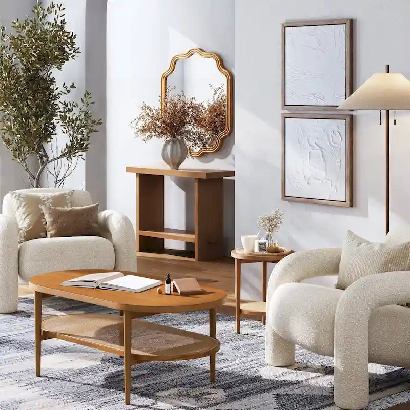 Nathan James Sonia Bohemian Couchtisch mit zwei ovalen Ebenen aus hellem Holz und Ablage aus Rattan
