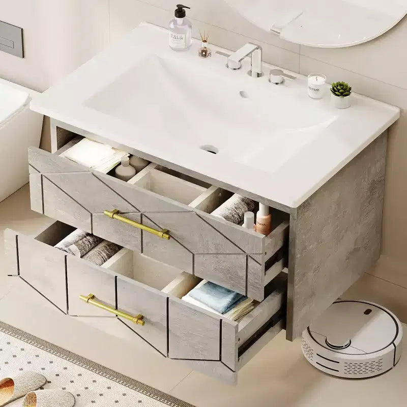 Modernes hängendes Badezimmer-Waschtischset mit Waschbecken – Wandmontierter Unterschrank mit Soft-Close-Schublade und goldenem Griff, Größe 24 oder 30 Zoll