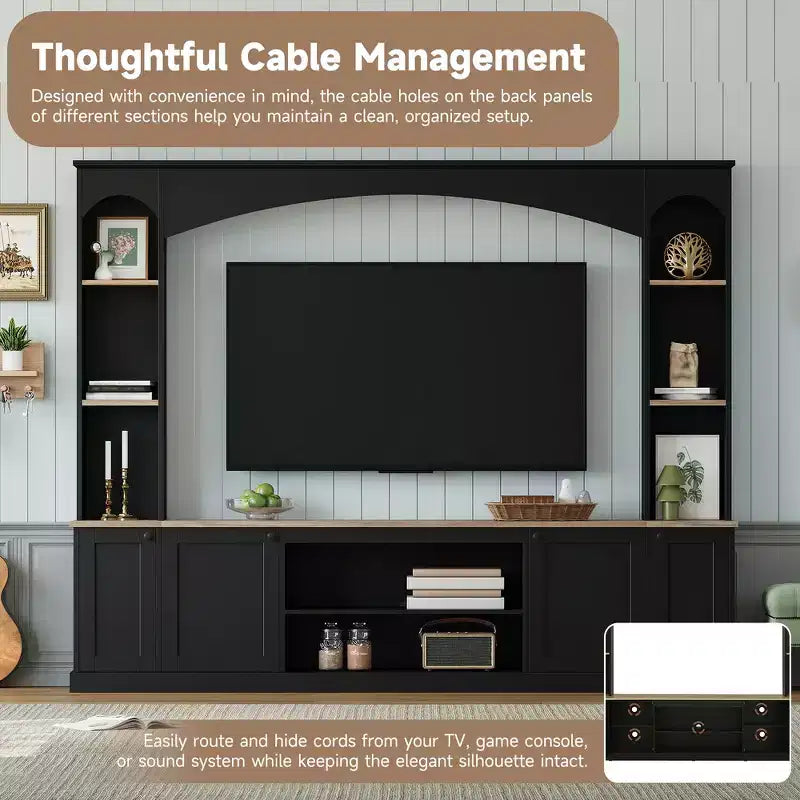 Whisen 91 Medienkonsole, gewölbte Entertainment-Center-Wandkombination im Landhausstil mit Bücherregal, Holzmaserung, für Fernseher bis zu 70 Zoll