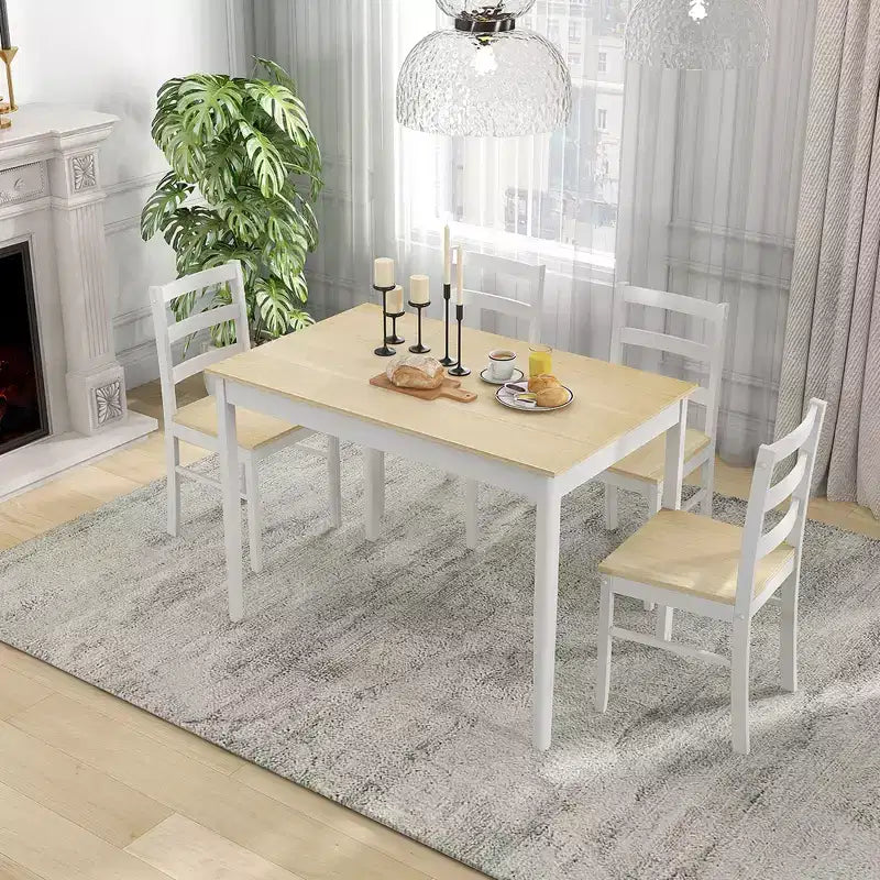 Costway 5-teiliges Esszimmer-Set Massivholz Küchenmöbel mit rechteckigem Tisch & 4 Stühlen Natur/Kaffee/Grau