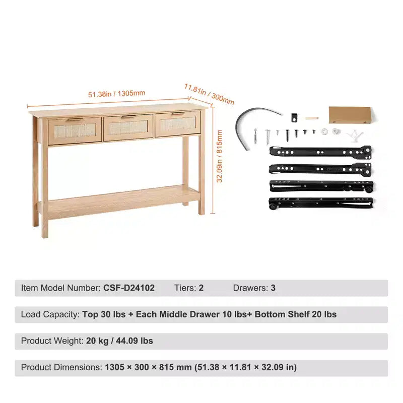 VEVOR Rattan-Konsolentisch mit 3 Schubladen, Rattan-Flurtisch mit natürlicher Rattan-Schiebetür, Konsolen-Sofa-Tisch, Natur
