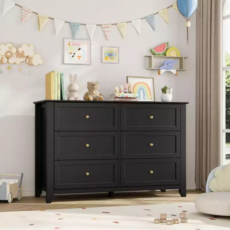 Kommode mit 6 Schubladen für das Schlafzimmer, große Kommode mit tiefen Schubladen & Metallknöpfen, modernes Holzschubladenelement für Eingangsbereich, Flur