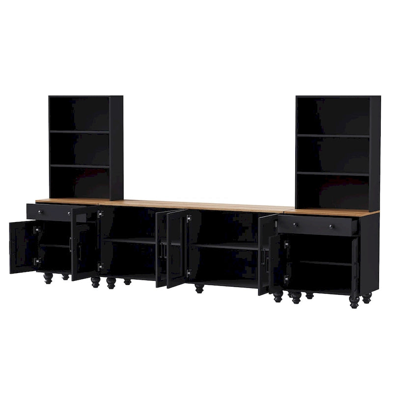 Schwarzes Entertainment-Center im Landhausstil mit dunklem Walnussholz, Bücherregalen und Türen aus gehärtetem Glas für Fernseher bis 70 Zoll