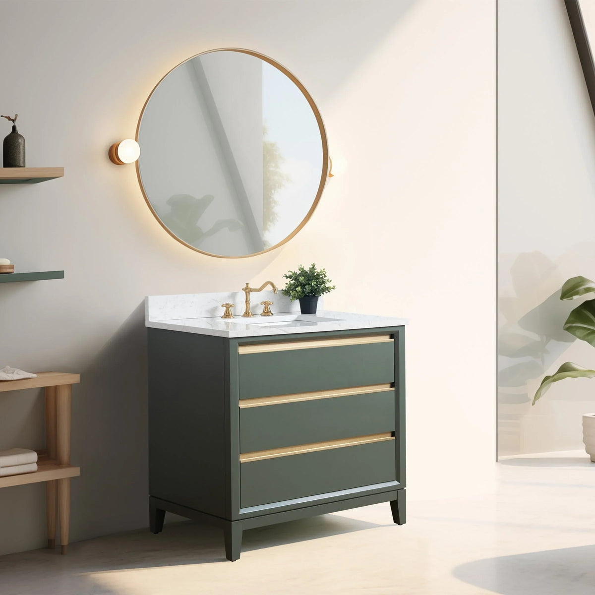 Vanity Art Badezimmerschrank mit Keramikwaschbecken und Platte aus technischem Marmor