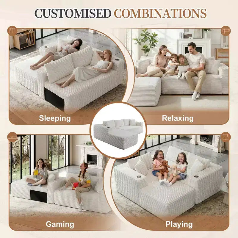Celebalcony 103 modulares, rahmenloses Ecksofa, L-förmige Récamiere mit 2 Getränkehaltern, weiches Cord-Cloud-Sofa für das Wohnzimmer, keine Montage erforderlich