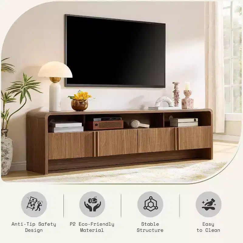 AMERLIFE 70" Modernes TV-Lowboard mit geriffeltem Design & Staufächern, für Fernseher bis 80", Holz-Mediakonsole für das Wohnzimmer