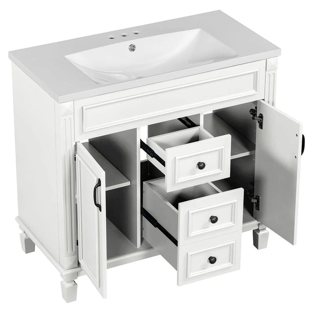 36" Moderner Badezimmer-Waschtisch mit Aufsatzwaschbecken und Spiegelschrank, 2 Türen und 2 Schubladen