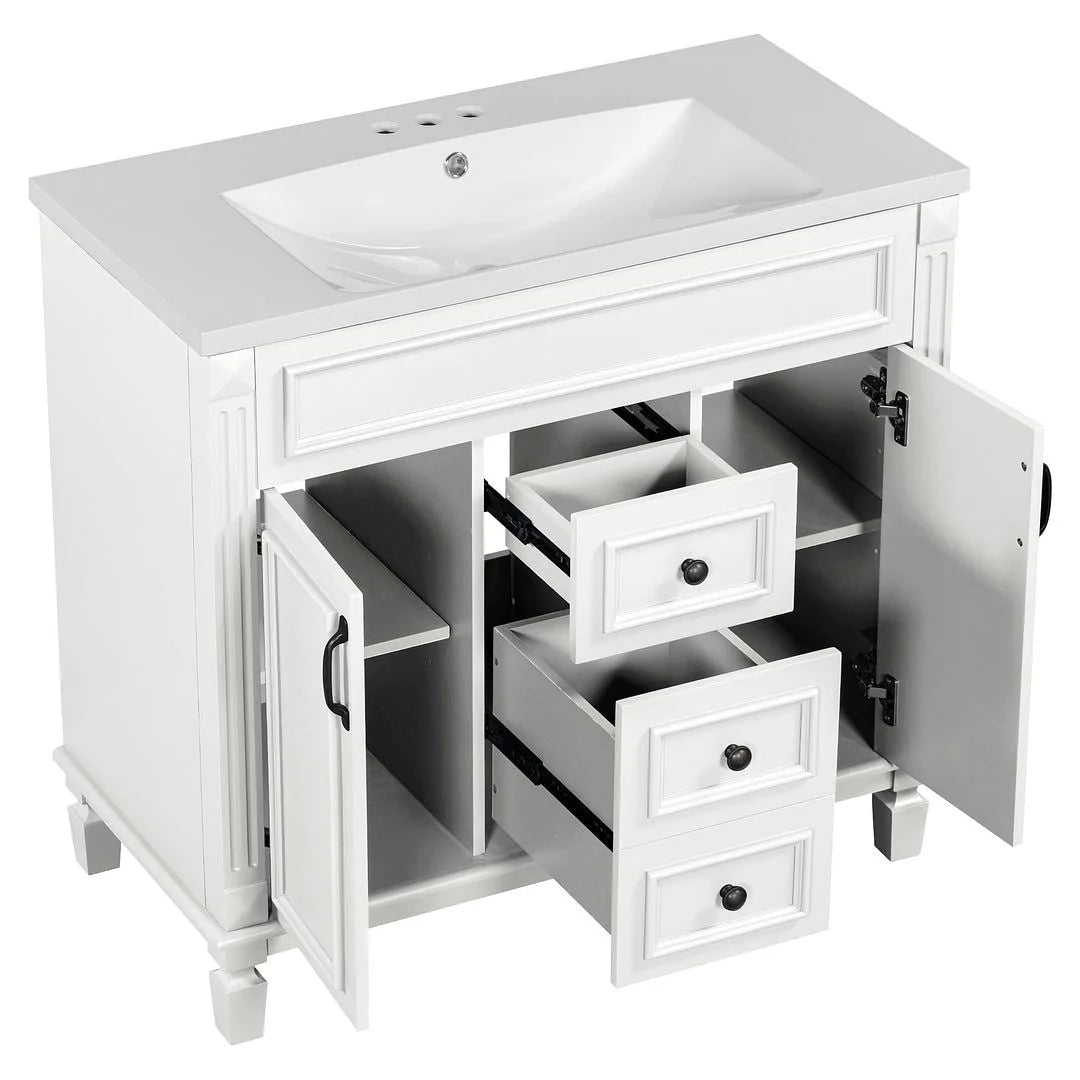 36" Moderner Badezimmer-Waschtisch mit Aufsatzwaschbecken und Spiegelschrank, 2 Türen und 2 Schubladen